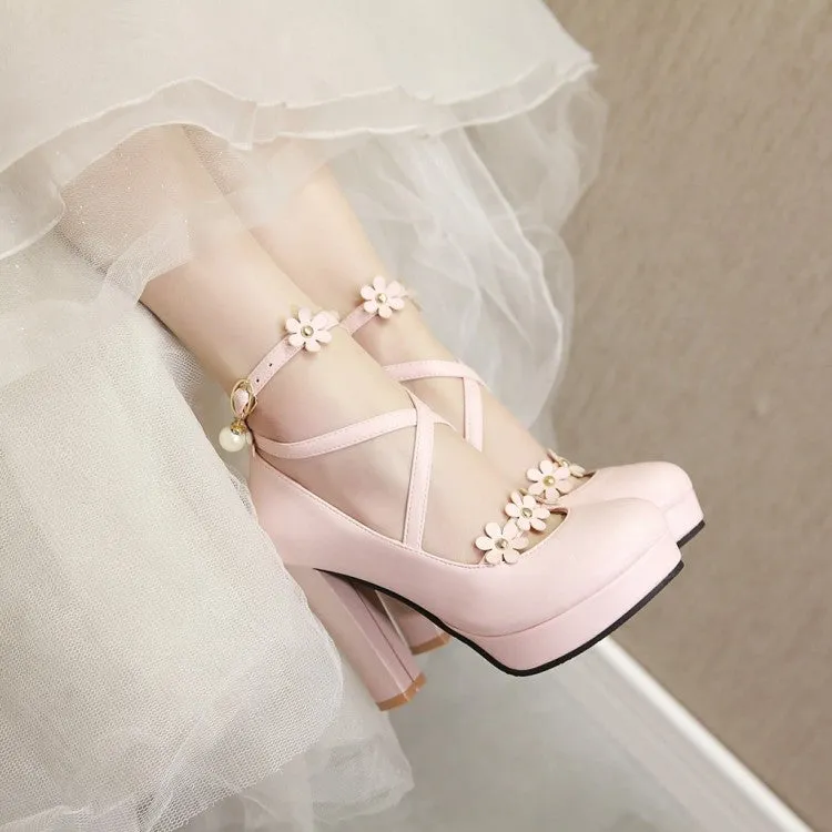 Women's Strapply Flower High Heel Chunky Heels Platform Pumps