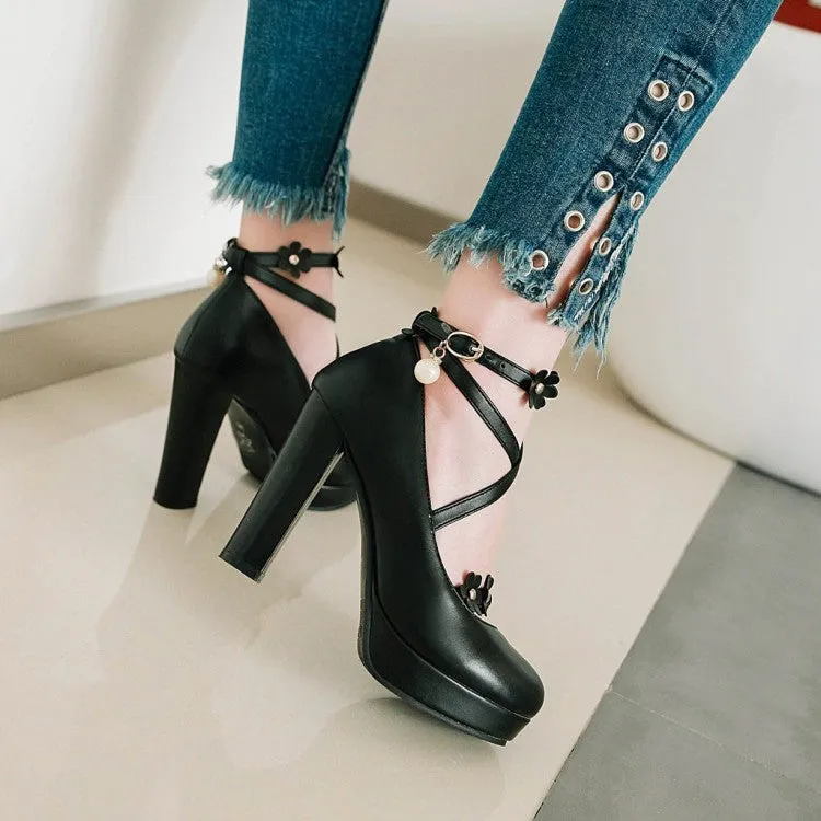 Women's Strapply Flower High Heel Chunky Heels Platform Pumps