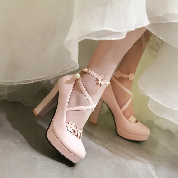 Women's Strapply Flower High Heel Chunky Heels Platform Pumps