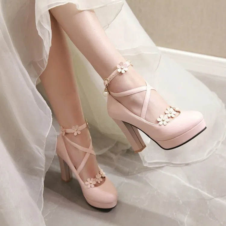 Women's Strapply Flower High Heel Chunky Heels Platform Pumps