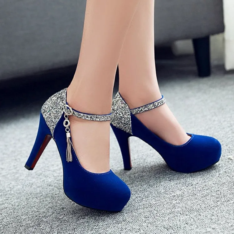 Women's Suede Almond Toe Sequins Ankle Strap Chunky Heels High Heel Platform Pumps