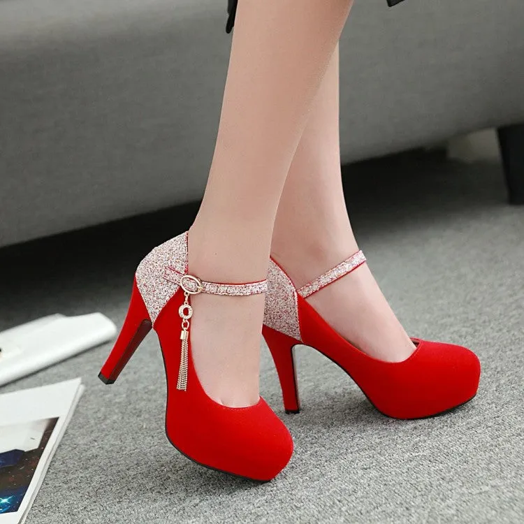 Women's Suede Almond Toe Sequins Ankle Strap Chunky Heels High Heel Platform Pumps