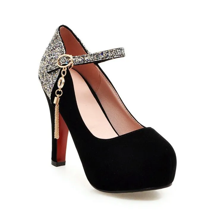 Women's Suede Almond Toe Sequins Ankle Strap Chunky Heels High Heel Platform Pumps