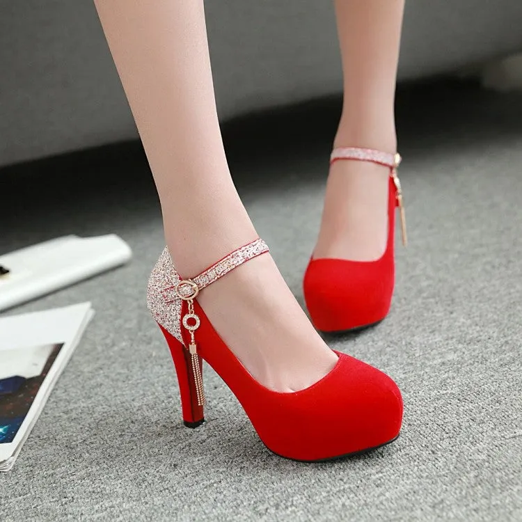 Women's Suede Almond Toe Sequins Ankle Strap Chunky Heels High Heel Platform Pumps