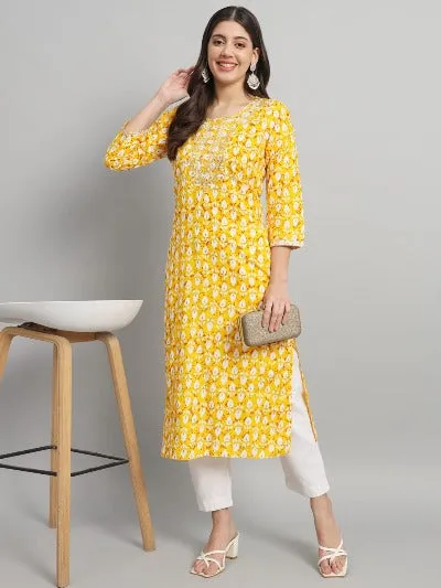 Yellow Rayon Kurti Pant Set Of 2