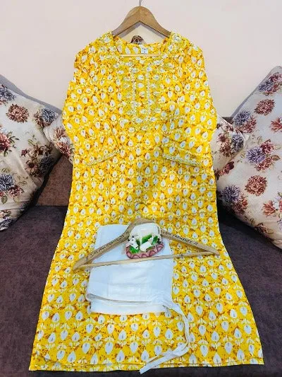 Yellow Rayon Kurti Pant Set Of 2